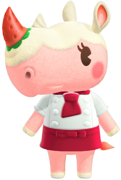A pink rhinoceros resembling a strawberry shortcake wearing a chef's outfit
